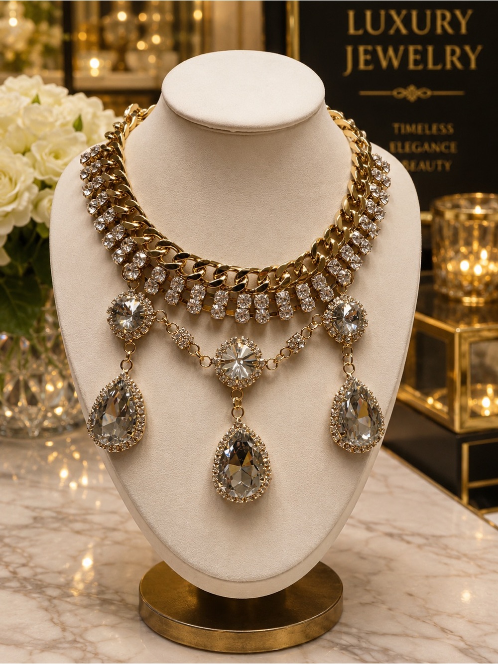 Gold Crystal Statement Necklace - Luxury Jewelry